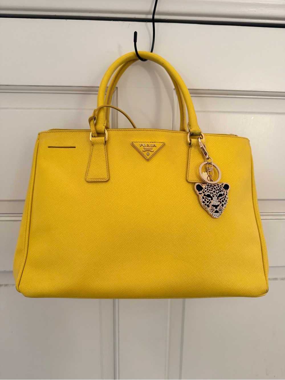 Prada Yellow Saffiano Leather Top-Handle Satchel with Leopard Charm